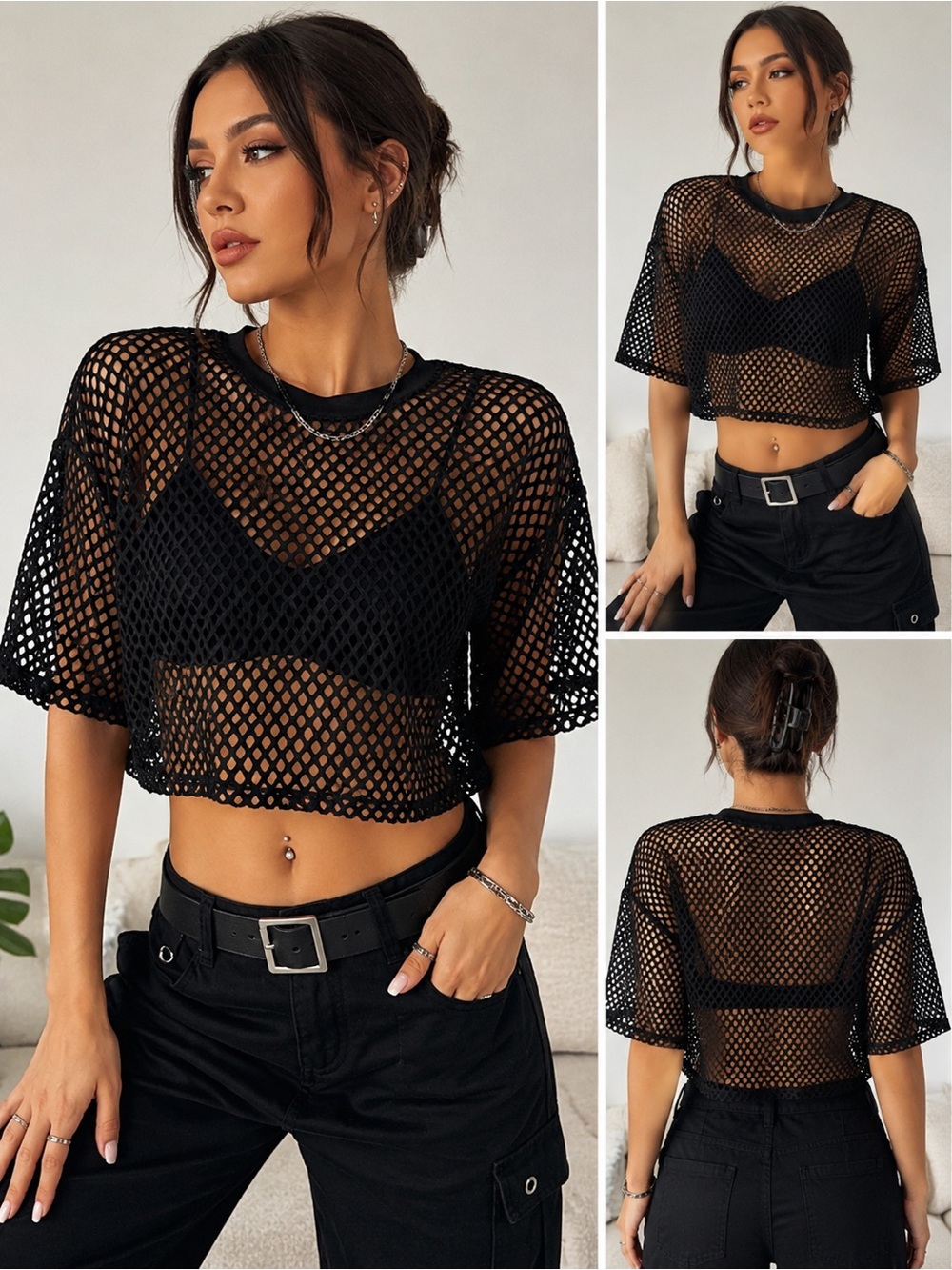 Women’s Size Large Black Fishnet Mesh Crop Top – Festival Rave EDM Sheer Tee